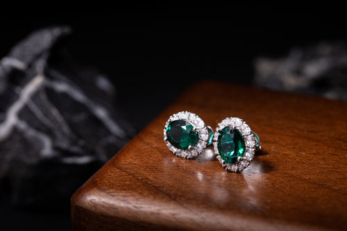 925 Sterling Silver Emerald Oval Halo Jewelry Set