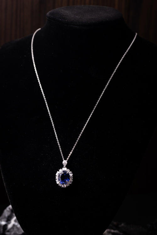 925 Sterling Silver Blue Sapphire Oval Halo Jewelry Set