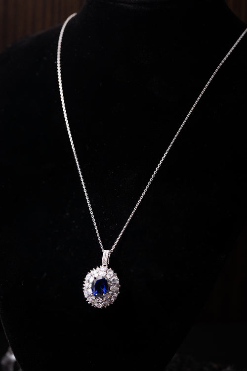 925 Sterling Silver Blue Sapphire Oval Halo Jewelry Set