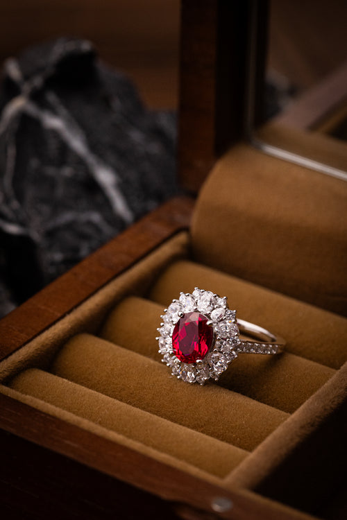 925 Sterling Silver Ruby Oval Halo Jewelry Set