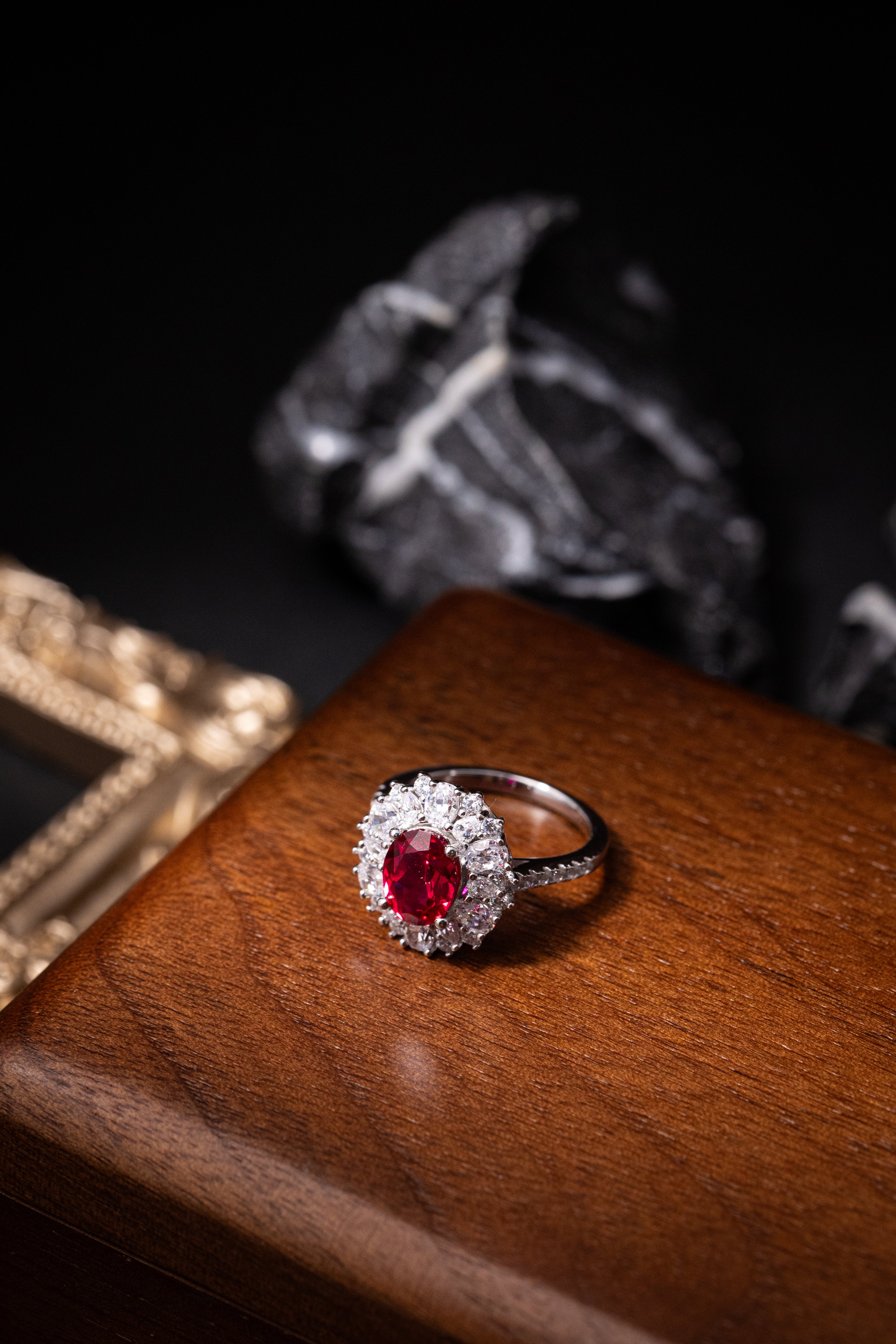 925 Sterling Silver Ruby Oval Halo Jewelry Set