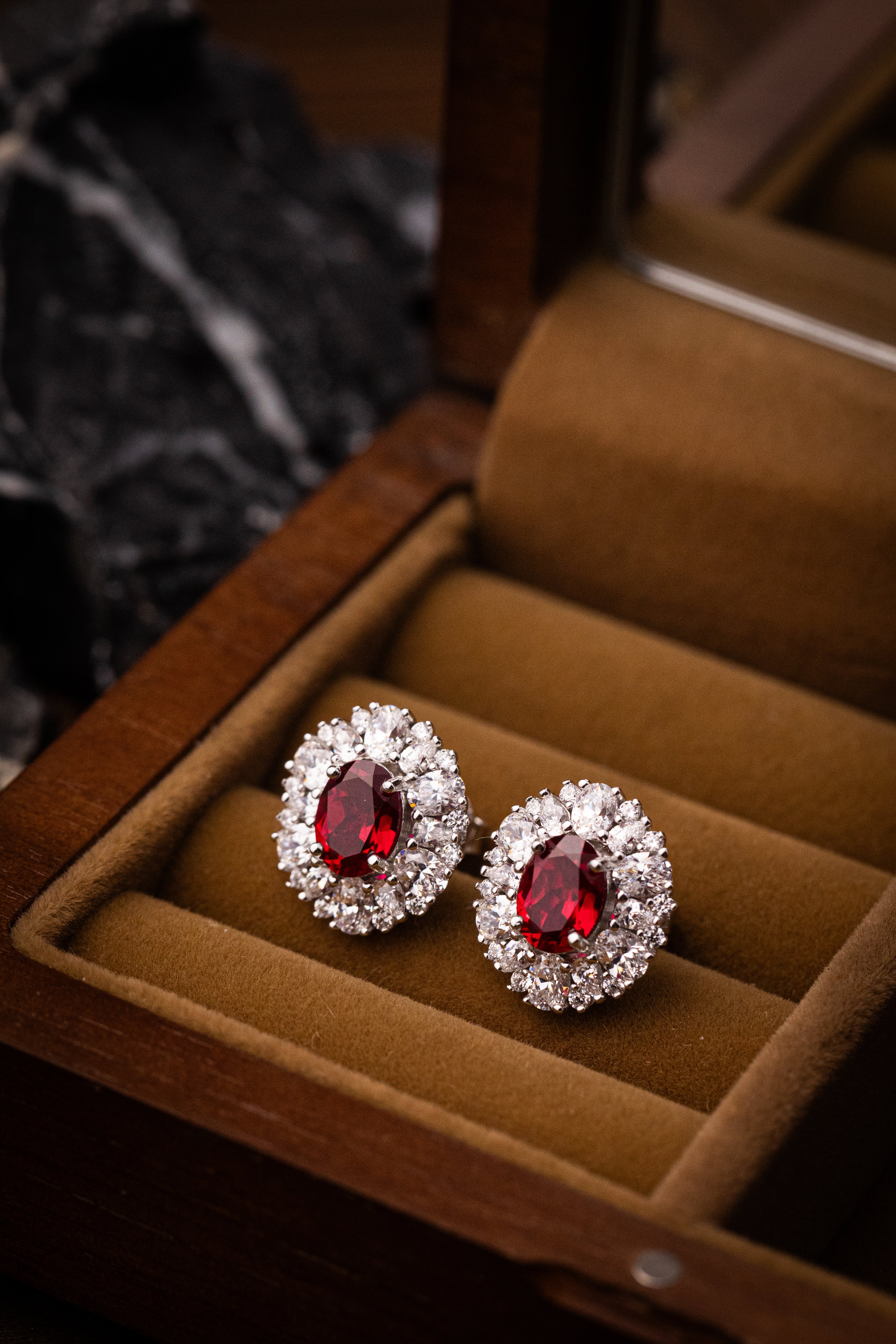 925 Sterling Silver Ruby Oval Halo Jewelry Set