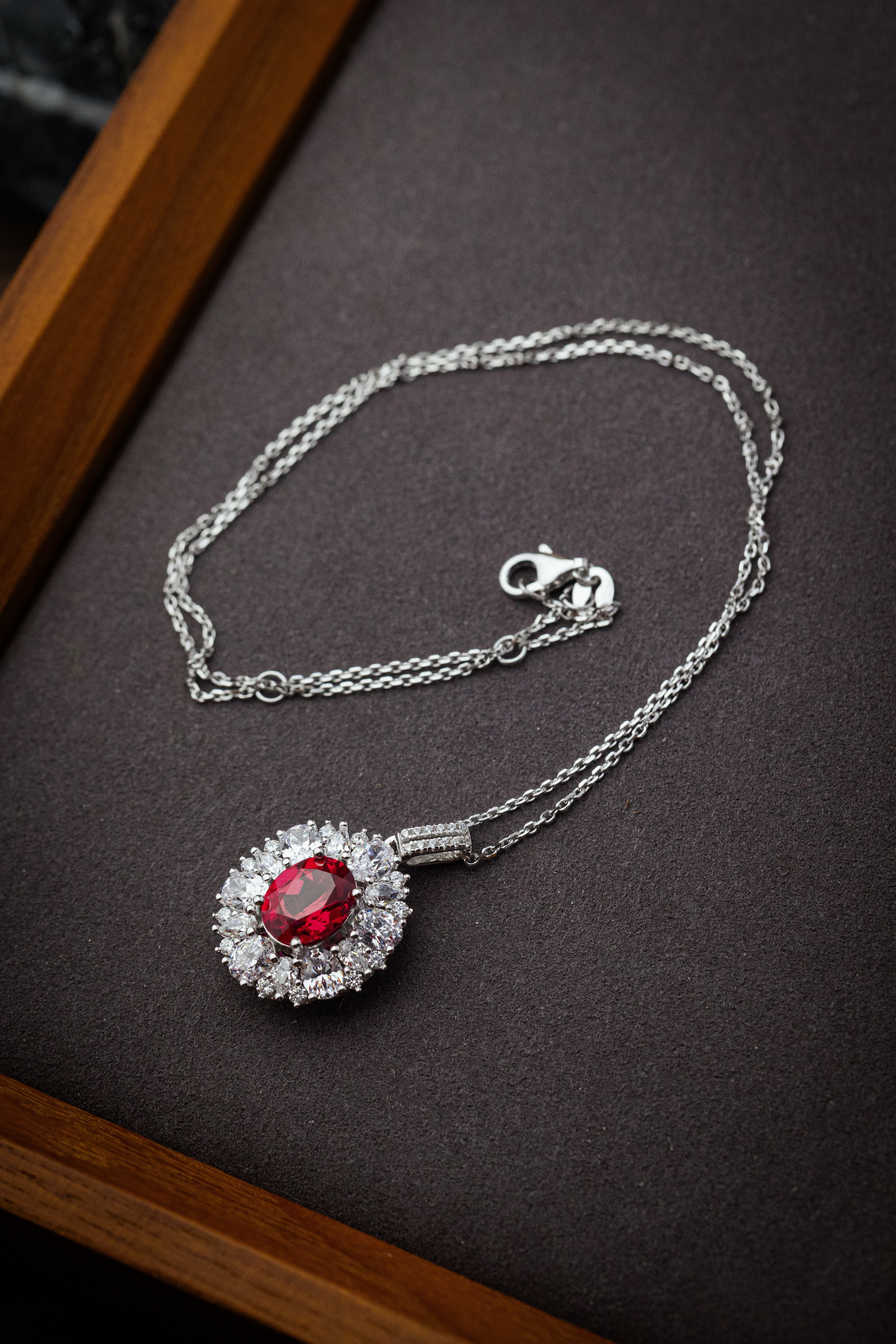 925 Sterling Silver Ruby Oval Halo Jewelry Set
