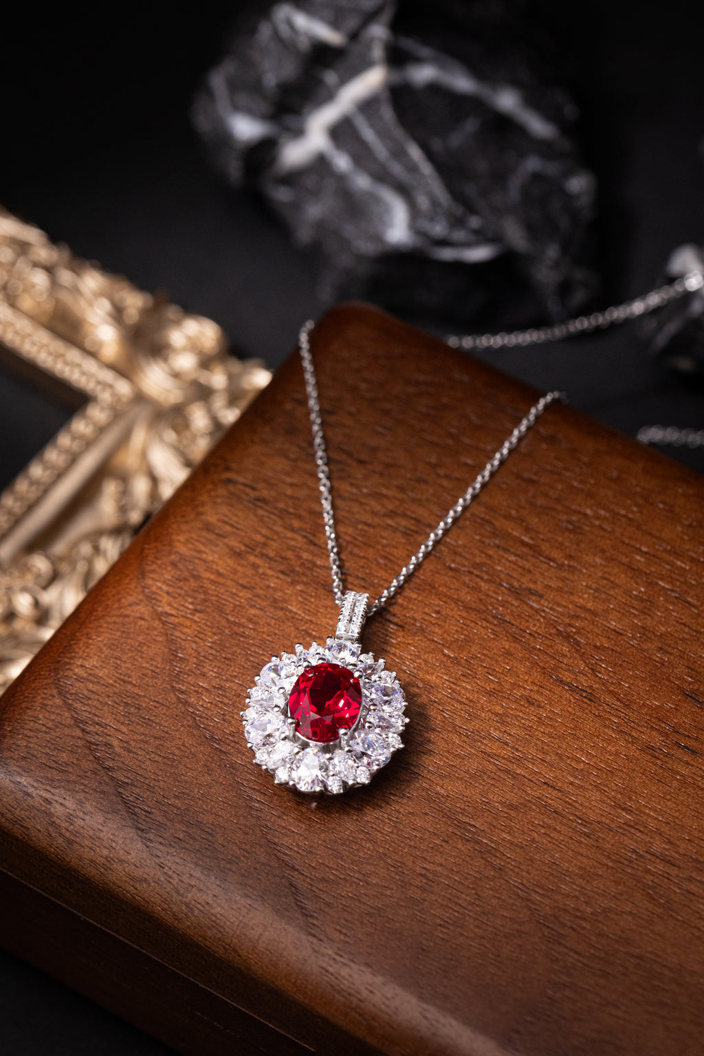 925 Sterling Silver Ruby Oval Halo Jewelry Set