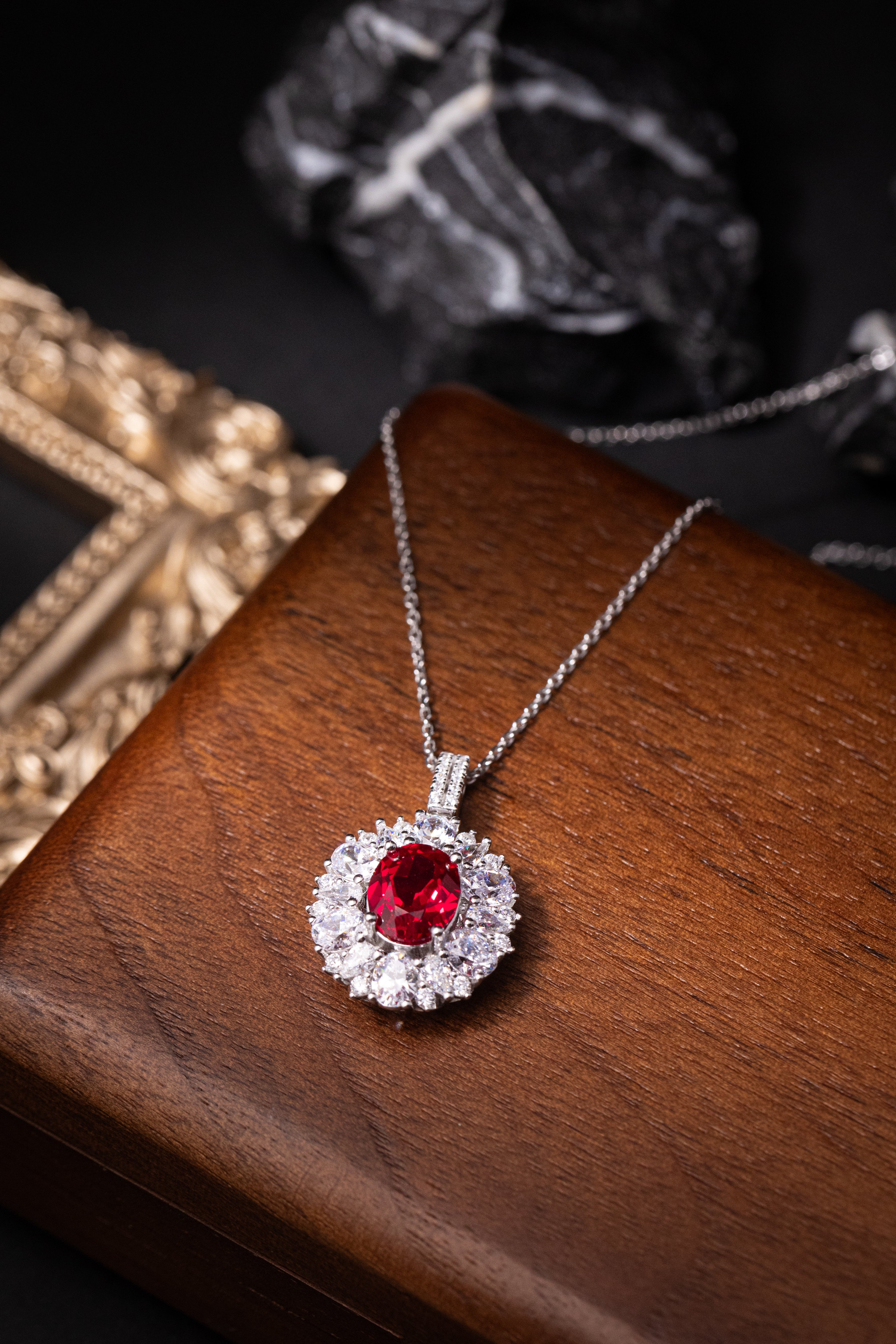 925 Sterling Silver Ruby Oval Halo Jewelry Set