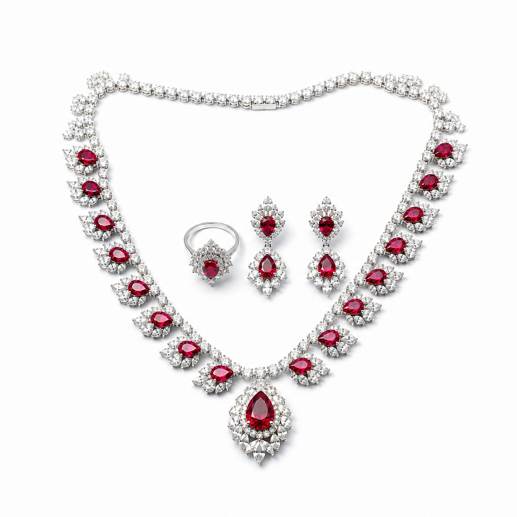 925 Sterling Silver Red Corundum Pear-Shaped Floral Jewelry Set