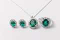 925 Sterling Silver Emerald Oval Halo Jewelry Set