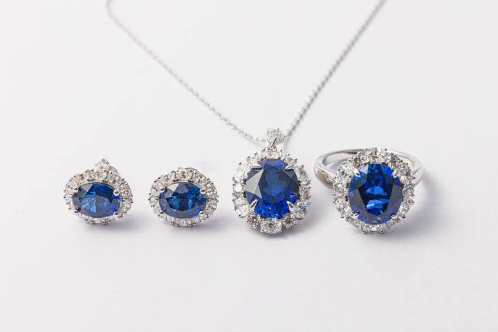 925 Sterling Silver Blue Sapphire Oval Halo Jewelry Set