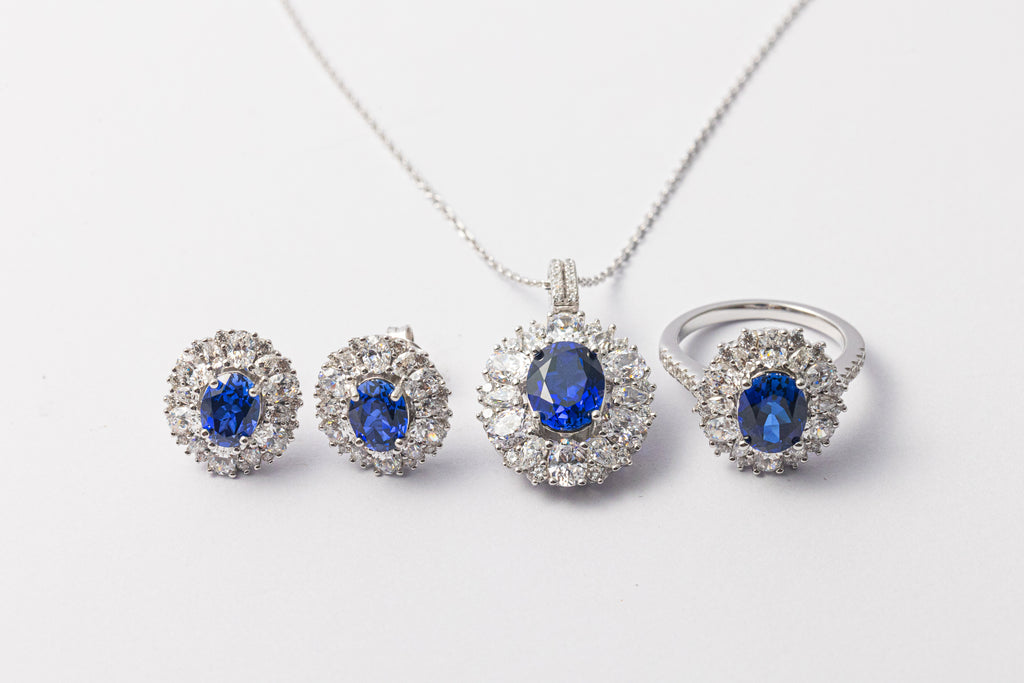 925 Sterling Silver Blue Sapphire Oval Halo Jewelry Set