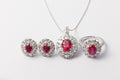 925 Sterling Silver Ruby Oval Halo Jewelry Set
