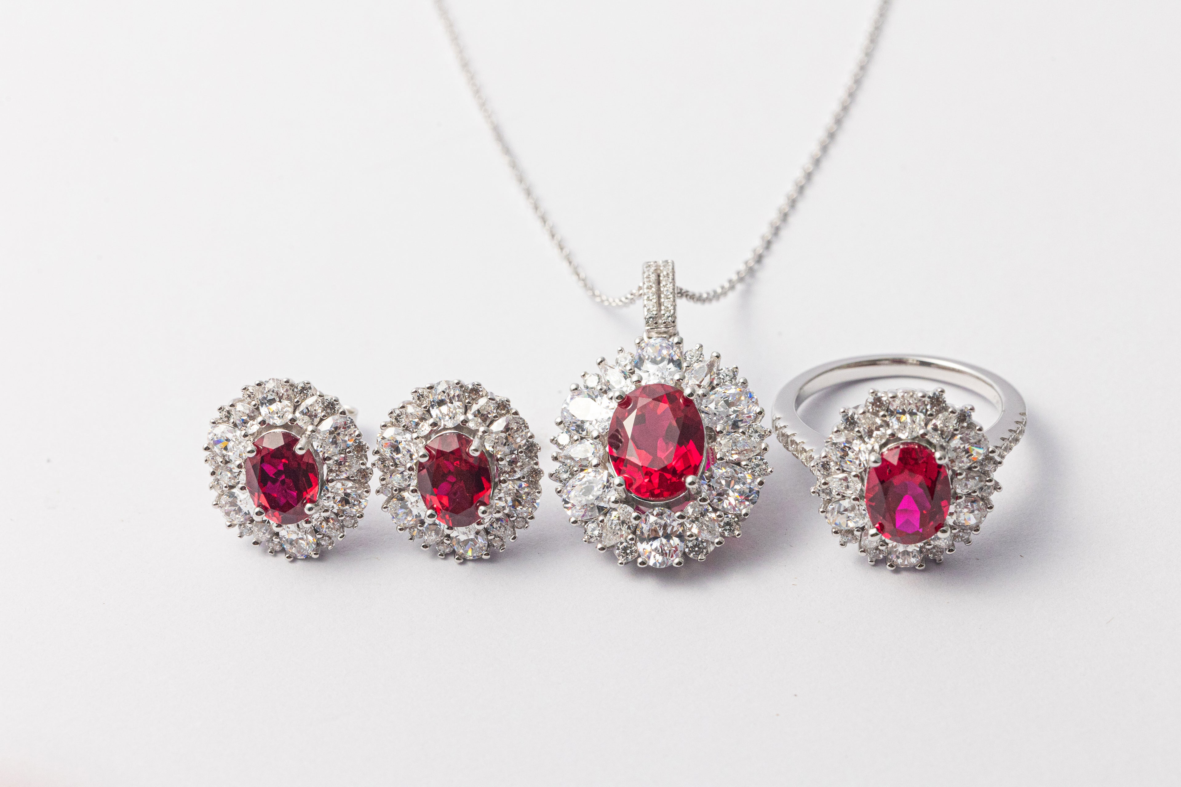 925 Sterling Silver Ruby Oval Halo Jewelry Set